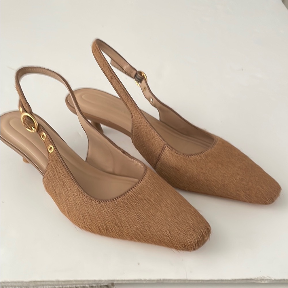 ANTONIO MELANI Camel Leather Bovine Hair Kitten Heels